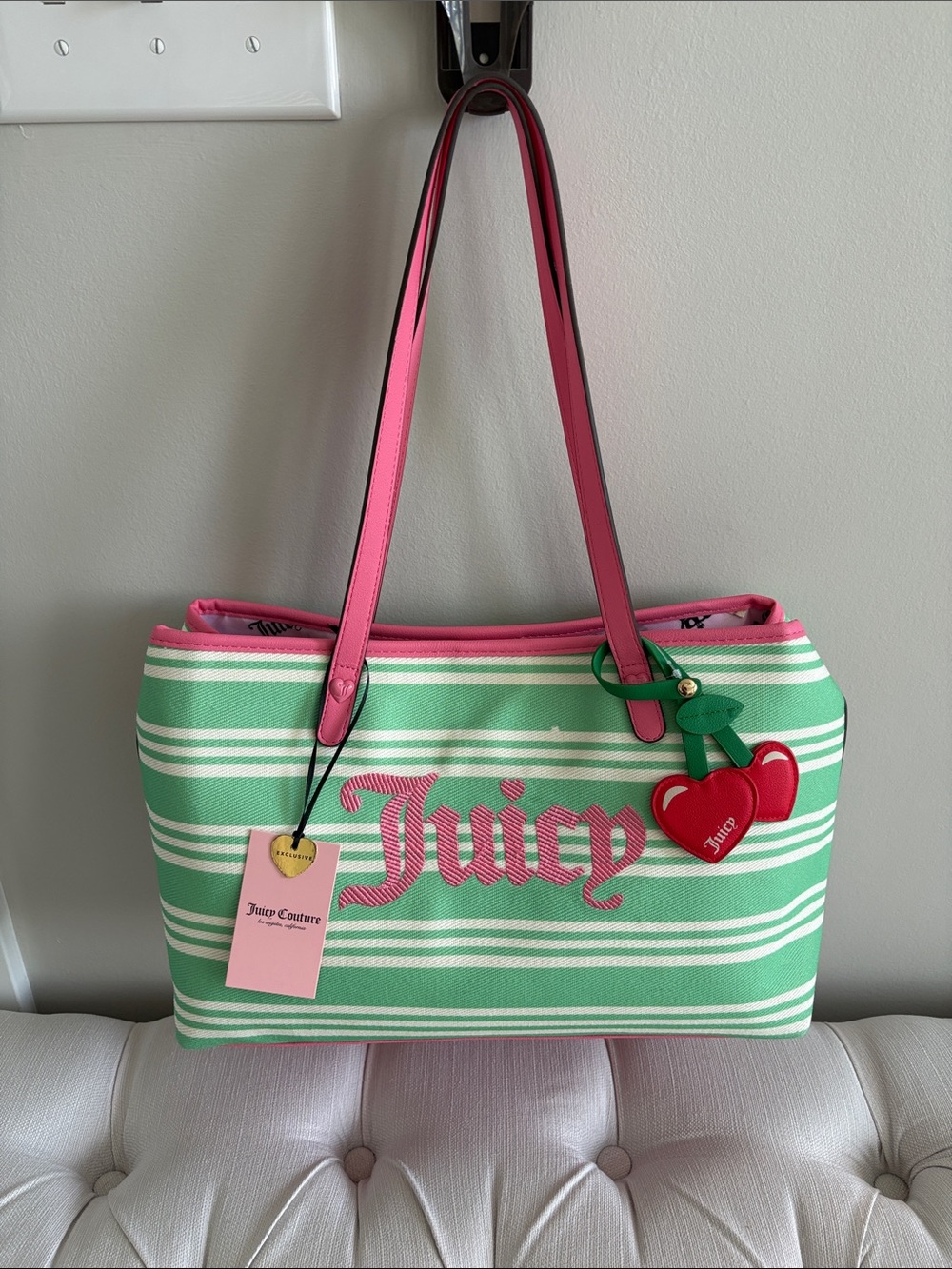 Juicy Couture Green & Pink Striped Tote with Cherry Charm
